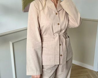 Bio-Baumwolle Pyjama Set: Beige Loungewear, Brautjungfer Pyjama, gewaschener Baumwoll-Pyjama mit Hose
