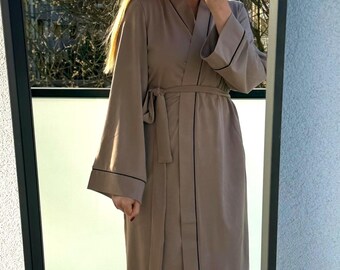 Taupe Cotton Kimono Robe for Women Soft Lightweight Loungewear