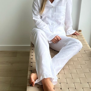 PURE linen pjs set Ruffle linen pajama Matching set Ruffle pants and shirt Natural loungewear Bridal party pajamas Bachelorette pajamas