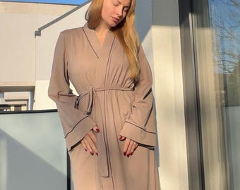 Taupe Baumwolle Kimono Robe für Frauen Weiche, Leichte Loungewear
