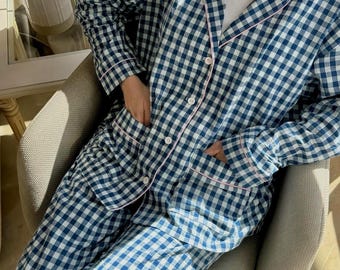 Bio-Baumwolle Blau karierter Pyjama Set Frauen Loungewear, weiche Brautjungfer Pjs
