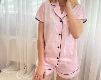Organic Cotton Pink Pajama Set: Women's Boho Sleepwear with Pockets