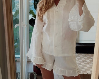 Musselin Pyjama Set: Rüschen Baumwolle Loungewear