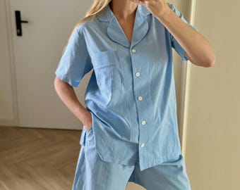 Blau Bio-Baumwolle Pyjama Set Damen Weiche Atmungsaktive Nachtwäsche Loungewear
