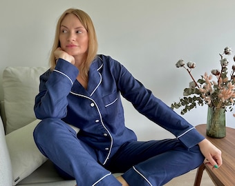 Pyjama PURE lin Tenue d'intérieur en lin biologique bleu marine Ensemble assorti pyjama de demoiselle d'honneur pyjama de jeune fille 100 % lin biologique