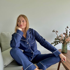 PURE Linen Pajama ORGANIC Linen Loungewear Navy Blue Linen Matching set Bridesmaid pajamas Bachelorette pajamas 100% Organic Linen PJs zdjęcie 1