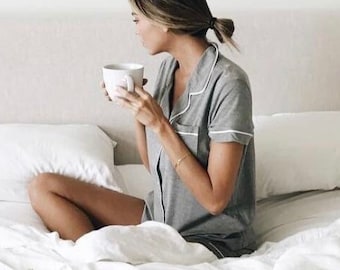 Women Cotton Pajama Set Luxury Nightwear Knitwear Cotton PJs Women Sleepwear Gray cotton pajamas Women boho sleep shorts  Matching sets