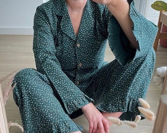 Emerald Green Flannel Pajamas, 100% Cotton, Christmas Gift for Her