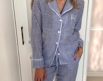 Conjunto de pijama de algodón a rayas para mujer, estilo bohemio, ligero, para estar en casa, para dama de honor