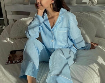 Ensemble de pyjama en mousseline de soie double gaze pour femme, vêtements de détente en coton doux
