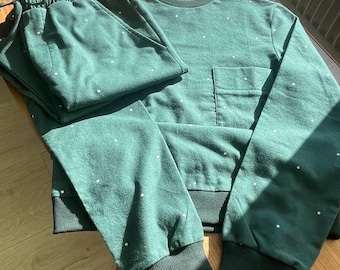 Pijama unisex de franela verde bosque con lunares, de algodón orgánico
