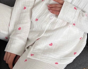 Muslin Pajama Double Gauze Muslin ropa de dormir Conjunto de algodón orgánico Pijama de algodón arrugado Bridal Bachelorette pajama set Muslin marle loungewear