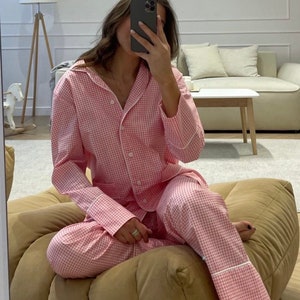 Cotton pajama set Plaid pink pajama Woman cotton pajamas Bridal pajamas Cotton Loungewear Summer set Best gift for her Bridesmaids pjs