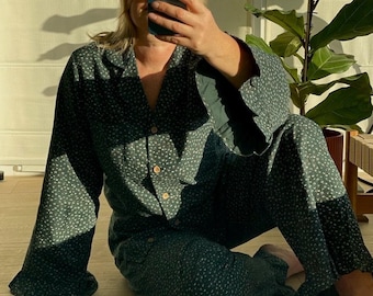 Flannel ruffles pajamas 100% cotton Emerald green Warm pajama Super soft cotton flannel pyjama Christmas gift idea for her Winter pajama set