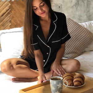 Women Cotton  Knitwear Pajama Set with Shorts Women Sleepwear Black cotton Bridesmaid pajamas Women boho sleep shorts  Matching sets