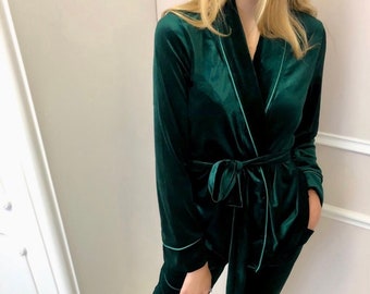Emerald Velvet Pajama Set: Long Sleeve Kimono Style Loungewear Bridesmaids pajamas