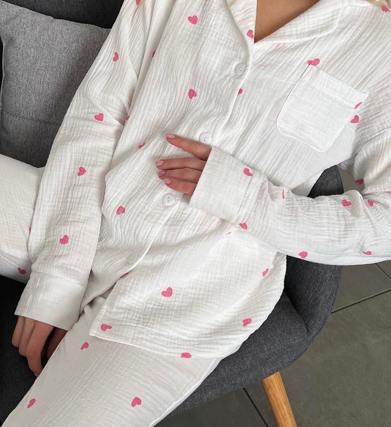 Muslin Pajama Double Gauze Muslin sleepwear Organic Cotton Set Crinkle cotton pajamas Bridal Bachelorette pajama set Muslin marle loungewear image 1