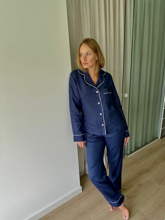 Organic Linen Pajama Set: Navy Loungewear, Bridesmaid PJs