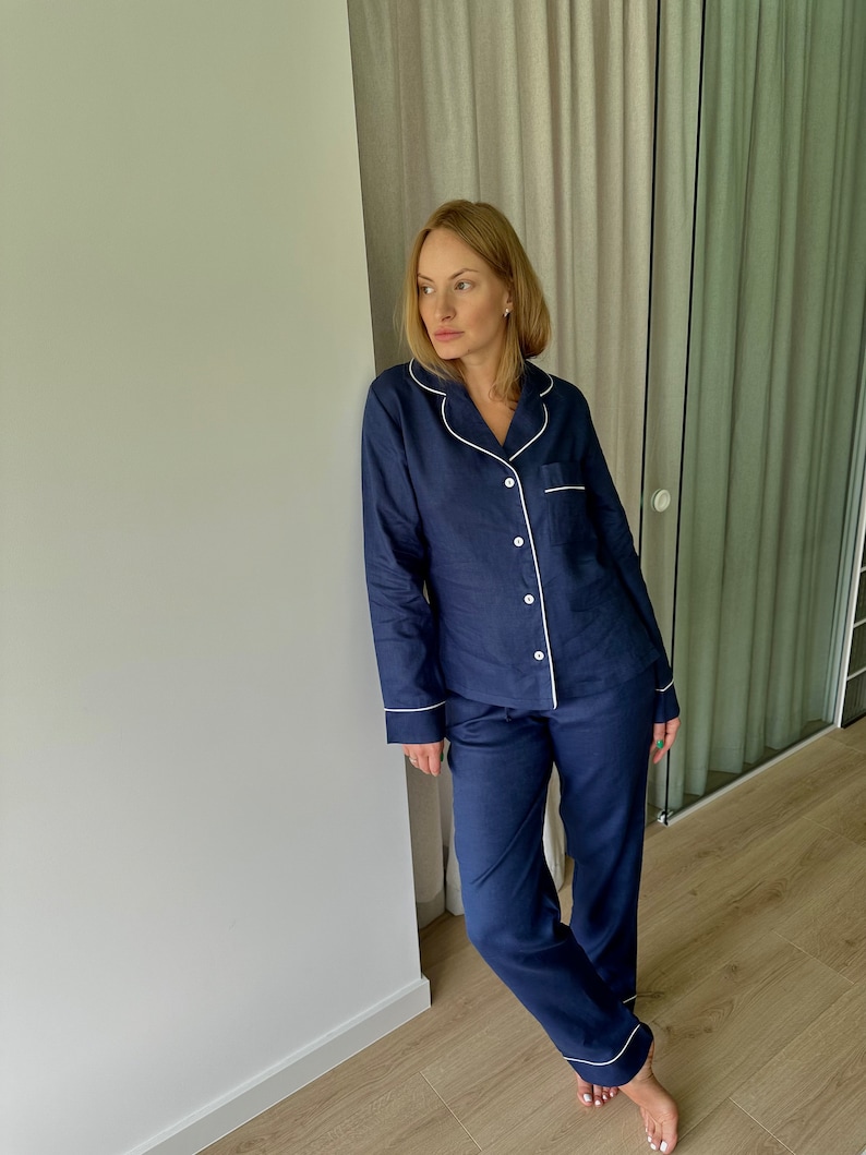 Organic Linen Pajama Set: Navy Loungewear, Bridesmaid PJs image 1