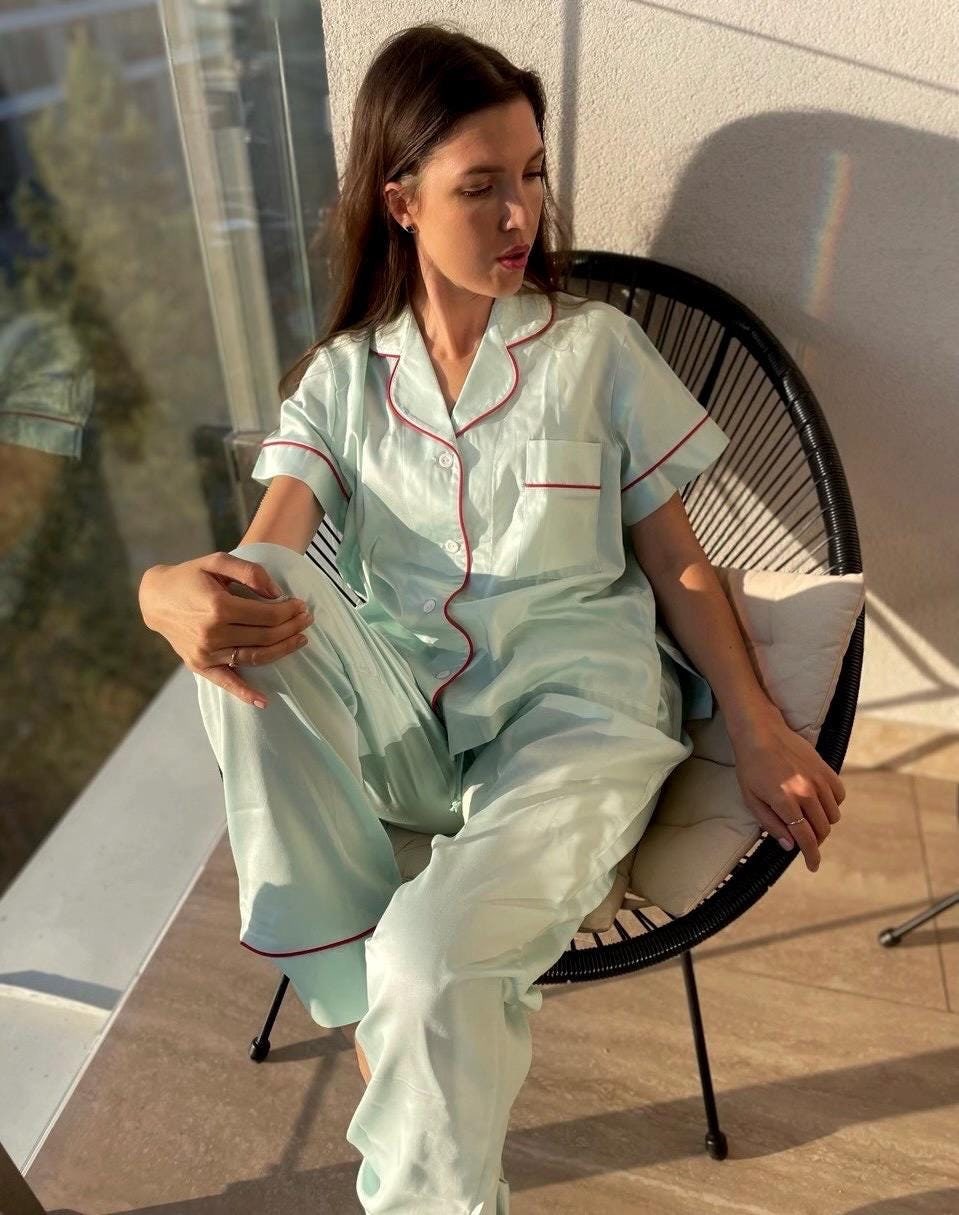 Organic cotton Pajama Set Natural Loungewear Hen party pajamas Bridal pajama Bachelorette party pajama Woman pajama Blue pajama Gift for her