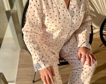 Crinkle Cotton Pajama Set with hearts : Muslin Loungewear Bridal Party PJs