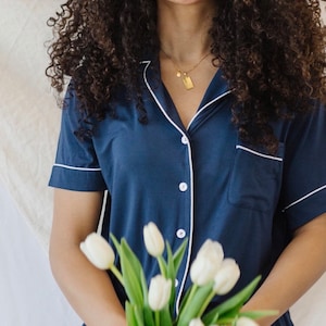 Women Cotton Knitwear Pajama Set  Navy Blue Cotton Pajama Bridesmaid pjs set Women Sleepwear Cotton jersey longe wear Bachelorette pajamas