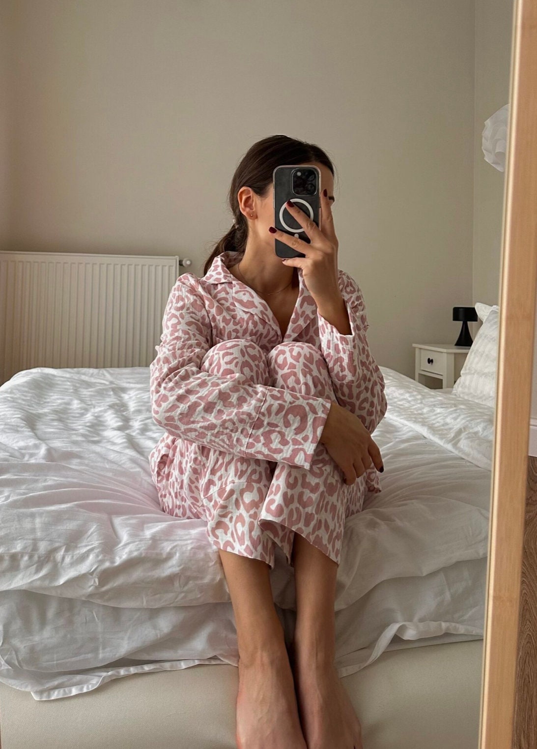 Crinkle Muslin Pajama Set: Cotton Sleepwear Loungewear with animal print