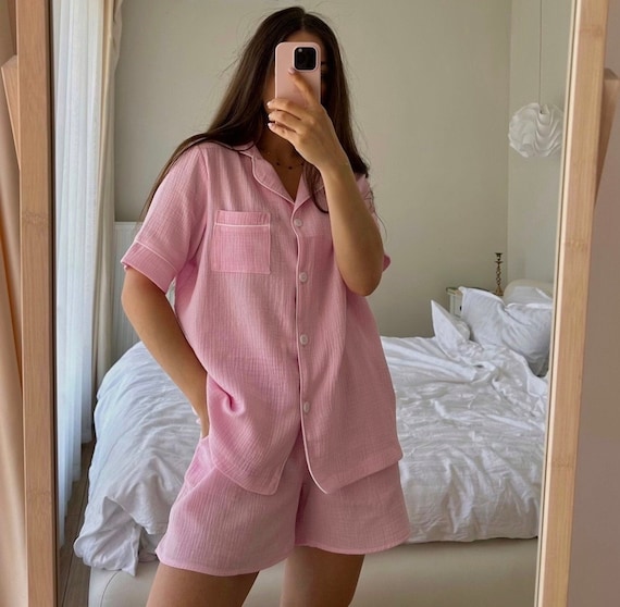 Muslin Pajama Set Double Gauze Loungewear 100 Cotton Pyjama Bachelorette Party Pjs Bridal Pajamas Crinkle Cotton Pajama Cotton Pink Pajamas Etsy UK