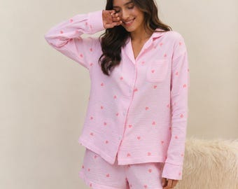 Pyjamaset van gekreukte mousseline: 100% katoenen nachtkleding Loungekleding met hartjes