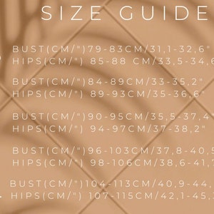 May include: Size guide chart with measurements in inches and centimeters for bust and hips. Sizes include XS, S, M, L, and XL.