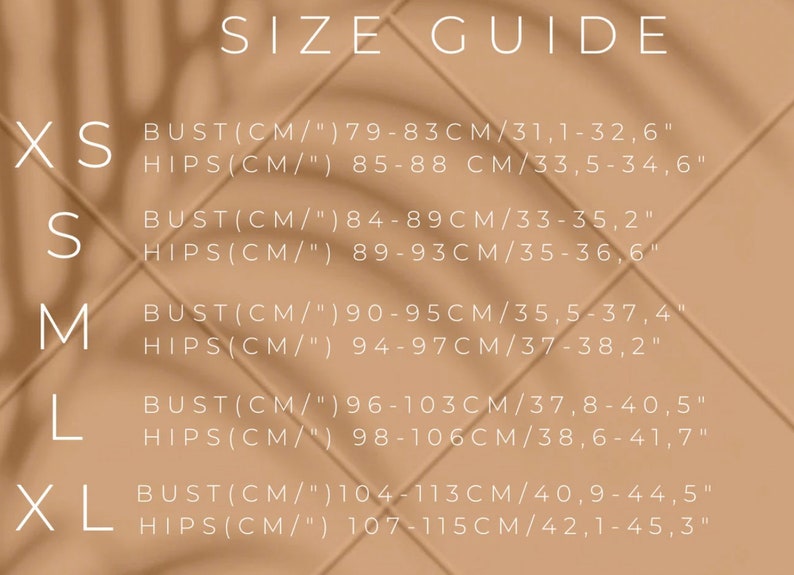 May include: Size guide chart with measurements in inches and centimeters for bust and hips. Sizes include XS, S, M, L, and XL.