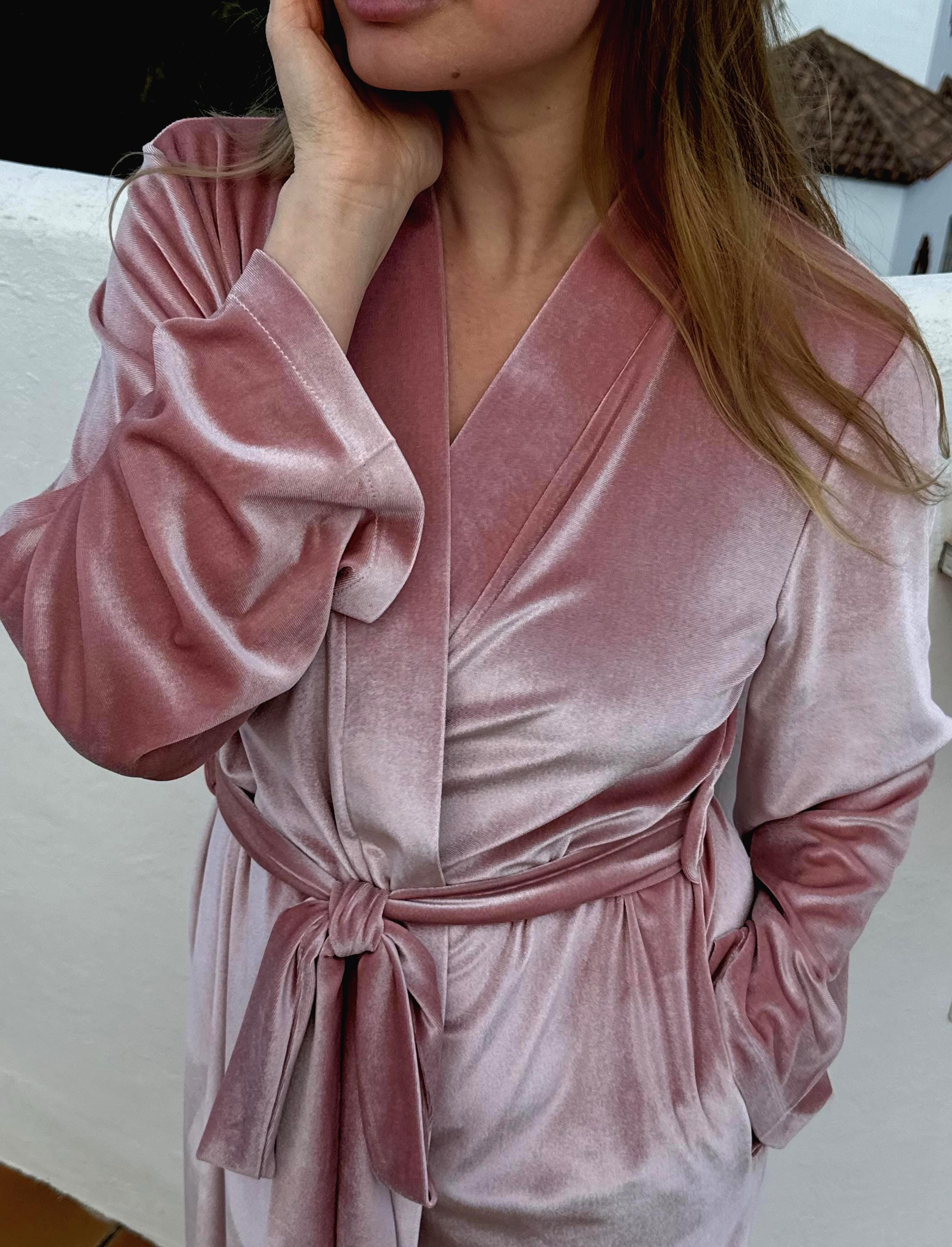 Bridal Velvet Robe Long Dusty Pink Kimono Luxury Wedding Morning Robe ...