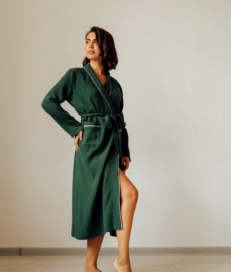 Mousseline katoenen badjas biologisch gaas badjas lichtgewicht kimono spa loungewear afbeelding 8