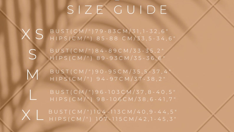 May include: Size guide chart with measurements in inches and centimeters for bust and hips. Sizes include XS, S, M, L, and XL.