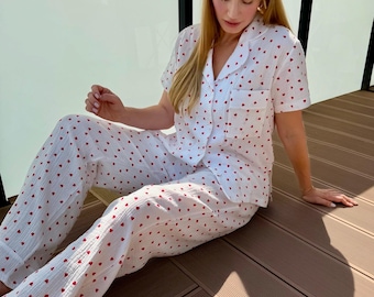 Crinkle Cotton Pajama Set with hearts : Muslin Loungewear Bridal Party PJs