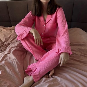Muslin Pajama set Double gauze loungewear 100% cotton pyjama Bachelorette party pjs Bridal pajamas Crinkle cotton pajama Cotton Ruffle set