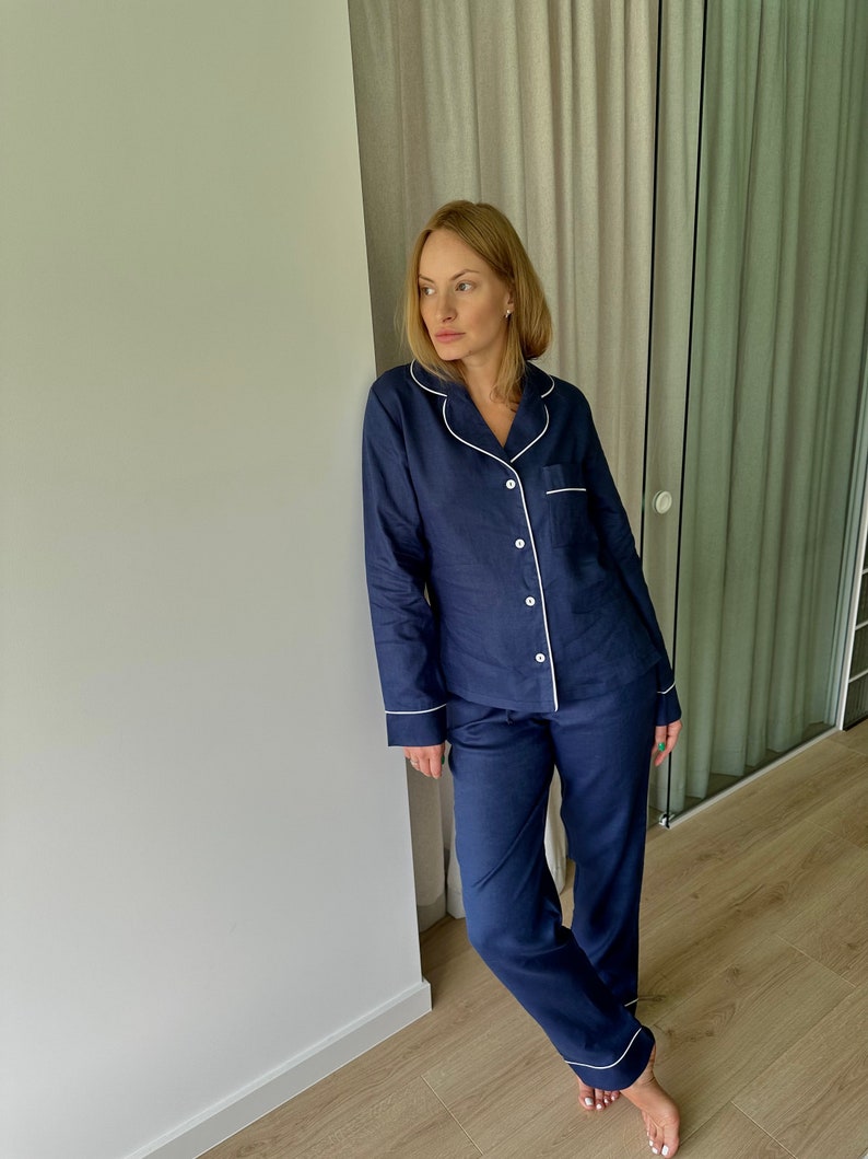 PURE Linen Pajama ORGANIC Linen Loungewear Navy Blue Linen Matching set Bridesmaid pajamas Bachelorette pajamas 100% Organic Linen PJs zdjęcie 2