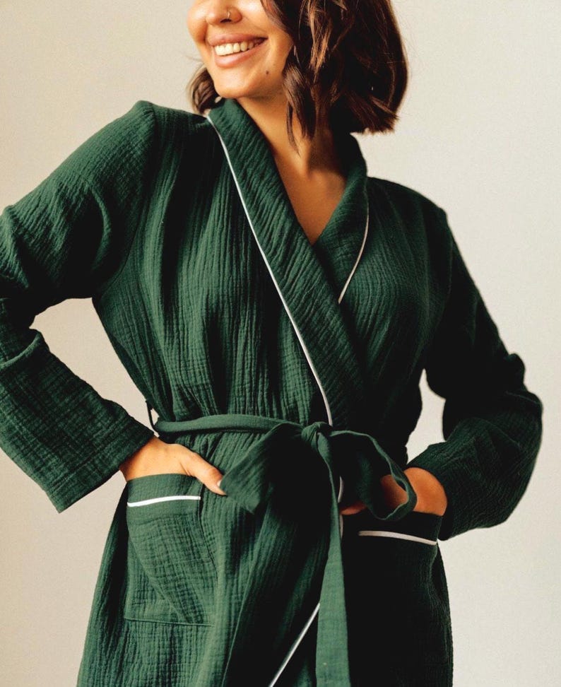 Mousseline katoenen badjas biologisch gaas badjas lichtgewicht kimono spa loungewear afbeelding 2