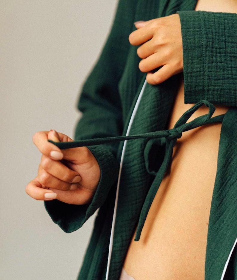 Mousseline katoenen badjas biologisch gaas badjas lichtgewicht kimono spa loungewear afbeelding 7