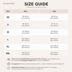 May include: A SleepAndWalk size guide chart featuring a table with rows for sizes XS through XXL. Columns display bust and hip measurements in both centimeters and inches. Text at the bottom provides advice on choosing sizes and offers assistance via messages.