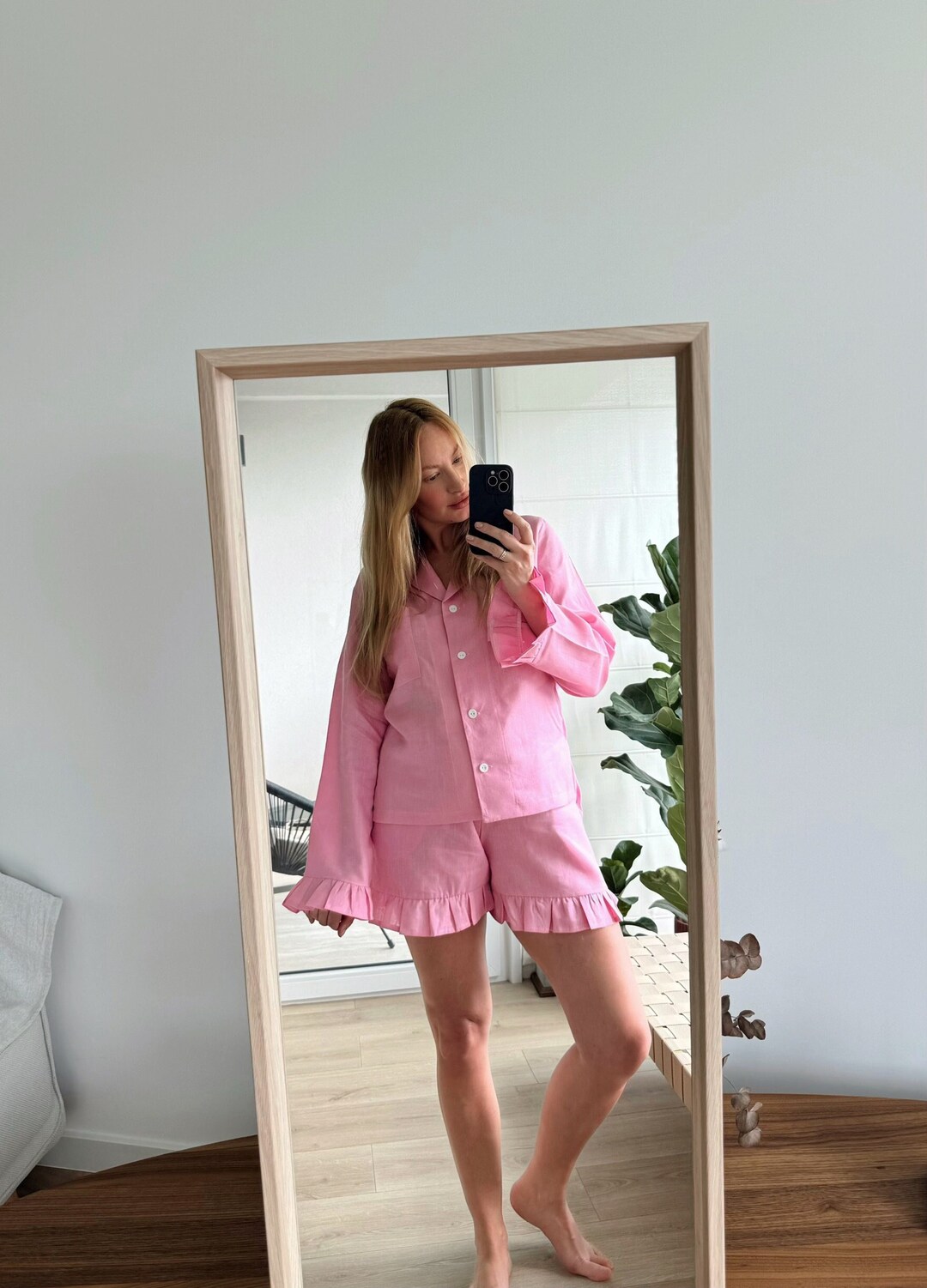 Linen Pajama Set, Ruffle Long Sleeve Top And Pants Set