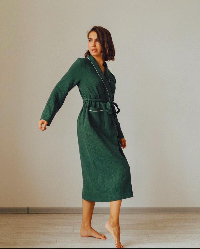 Mousseline katoenen badjas biologisch gaas badjas lichtgewicht kimono spa loungewear afbeelding 3