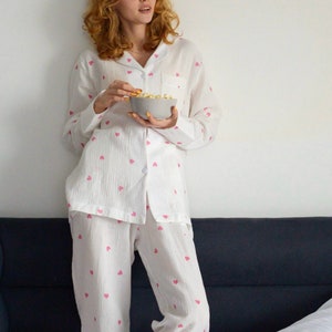 Muslin Pajama Double Gauze Muslin sleepwear Organic Cotton Set Crinkle cotton pajamas Bridal Bachelorette pajama set Muslin marle loungewear image 3