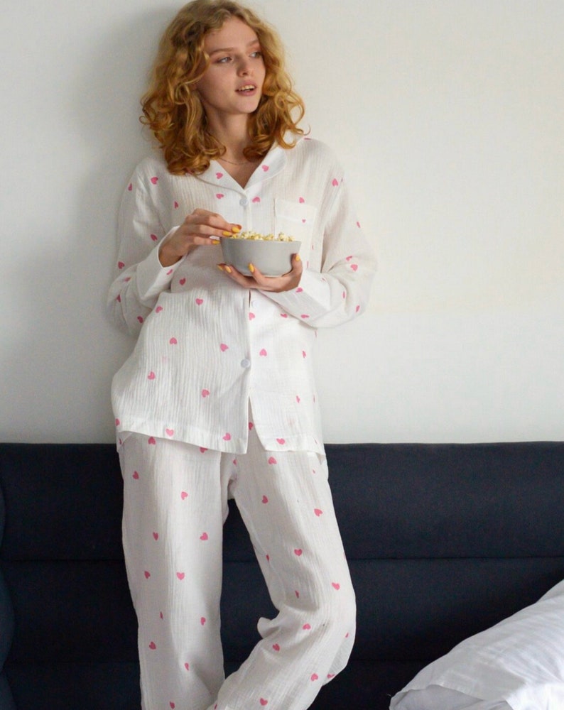 Muslin Pajama Double Gauze Muslin sleepwear Organic Cotton Set Crinkle cotton pajamas Bridal Bachelorette pajama set Muslin marle loungewear image 3