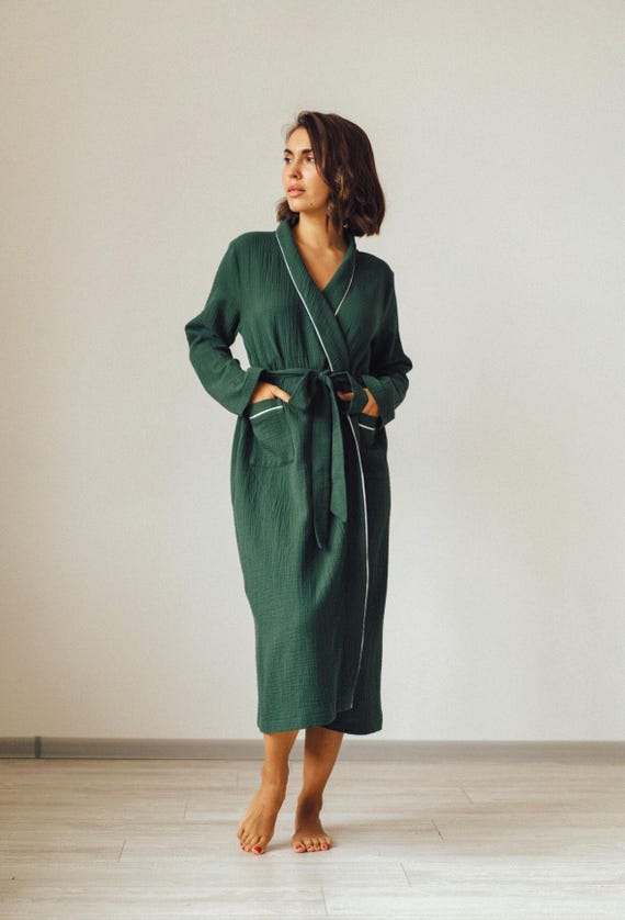 Muslin Cotton Robe  Organic Gauze Bathrobe Lightweight Kimono Spa Loungewear