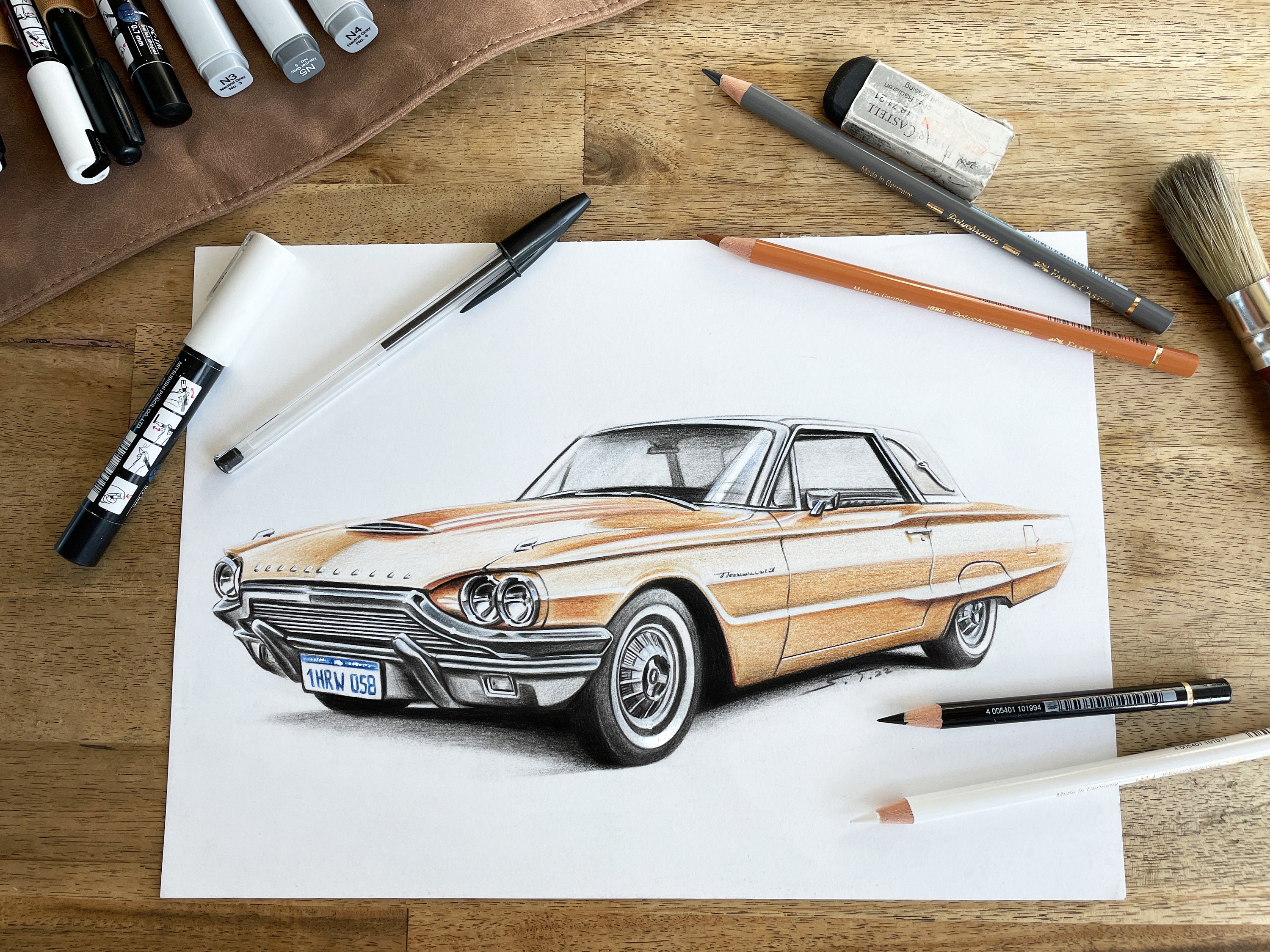 Original Classic Car Drawing / Hand Drawing in Color Based on a