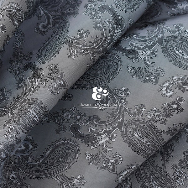 Silver Grey Black Dark Paisley | Jacquard Lining Fabric - Custom Cut By the Yard | Vests Steel Argentine Laptop Bags Meters Metallic Ornate