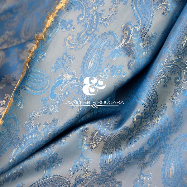 Blue Gold Light Paisley | Jacquard Lining Fabric - Custom Cut By the Yard | Bespoke Formal Fashion Suit and Tie Prom Royalty Trunk Two Tone