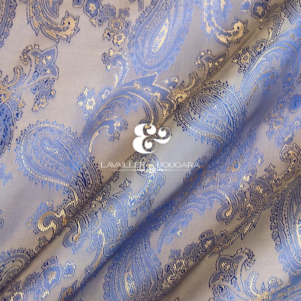 Gold Blue Paisley | Jacquard Lining Fabric - Custom Cut By the Yard | Royal Colors Meters After Party Show Clothing Making Frame Bag Gloves