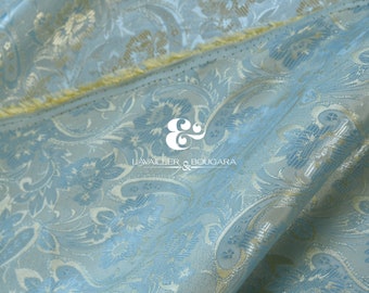 Blue Gold Light Floral Paisley | Jacquard Lining Fabric - Custom Cut By the Yard | Trunk Vintage School French Princess Curtain Tablecloth